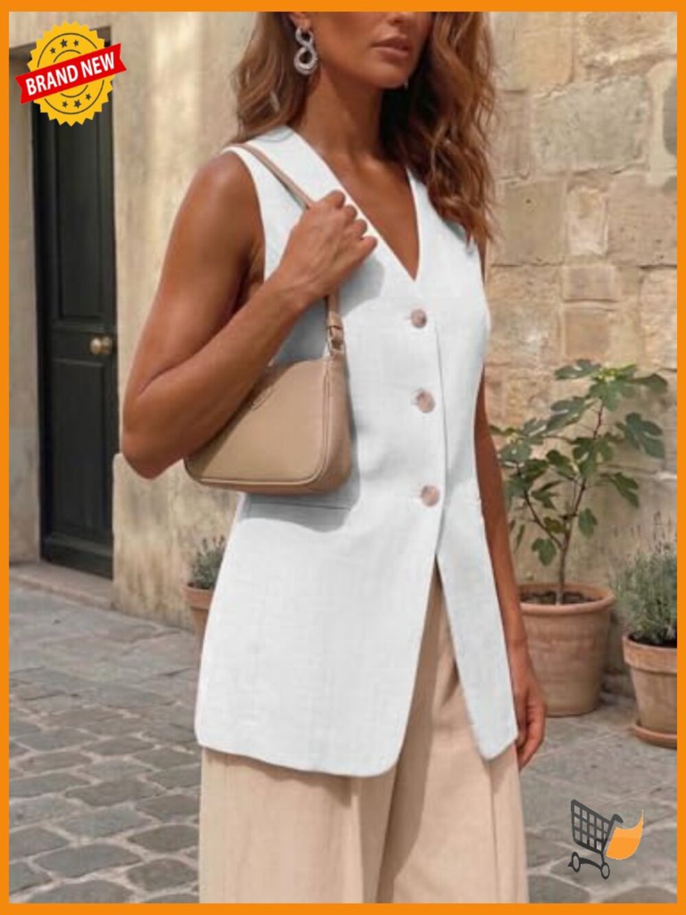 Sleeveless Linen Vest - V-Neck Fully-Lined Lightweight Office Casual Pockets - Picture 3 of 7